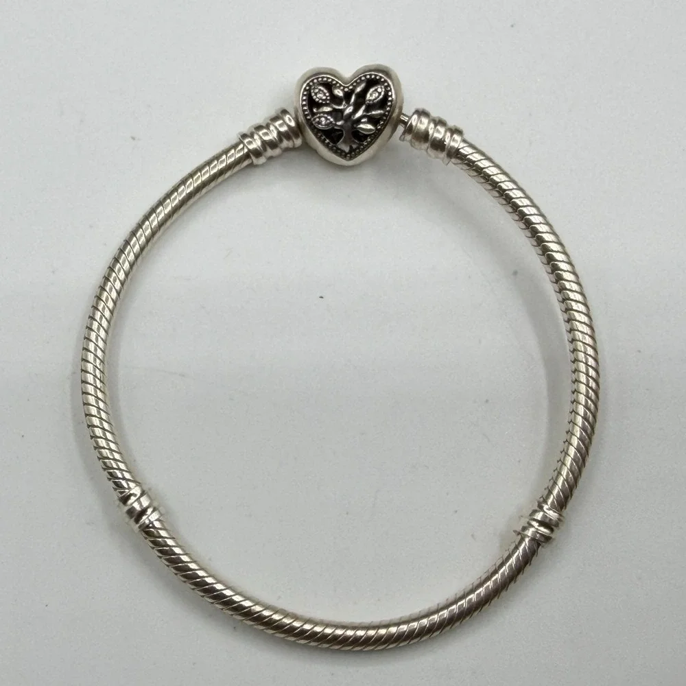 Silver Tone Snake Chain Charm Bracelet Heart Family Clasp European Style Gift